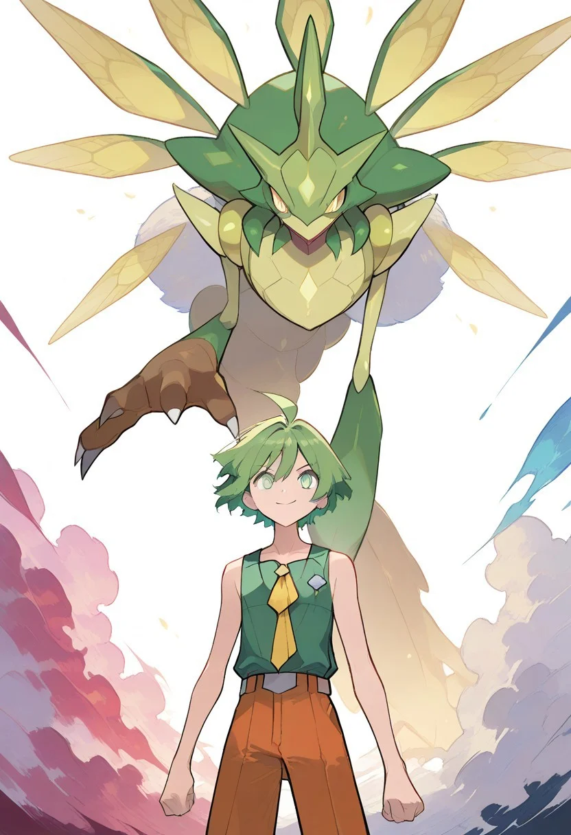 masterpiece, best quality, very aesthetic, absurdres, sharp details, pokemon, 2boy,
score_9,score_8_up,score_7_up,score_6_up,score_5_up,score_4_up,BREAKmasterpiece, hyper detailed, best quality, insanely detailed, high quality, exquisite, detailed, beautiful, ultra detailed,
score_9, score_8_up, score_7_up, masterpiece, best quality, amazing quality, best aesthetic, ,absurdres,intricate details, aaron, green eyes, green hair, ahoge, black sleeveless shirt, orange pants, white with orange shoes, belt<lora:EMS-380018-EMS:1.000000>
Green shorts, green shirt, brown footwear, white socks, yellow neckerchief,short hair
black sleeveless shirt, orange pants, white with orange shoes, belt,short hair
macro shot, cowboy shot, 20-year-old, solid white background, 2 boys,
macro shot, cowboy shot, solid white background,smiling,
in the bedroom,
BL,Homosexual