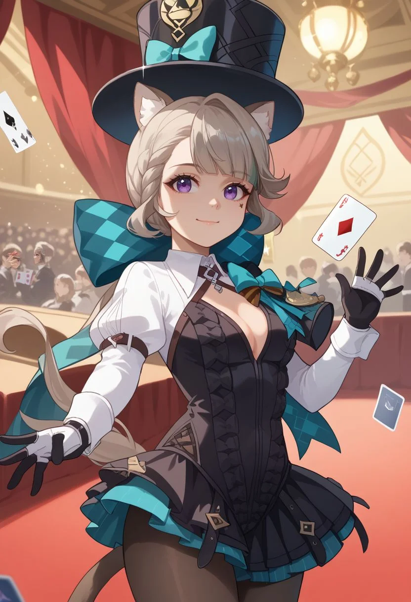 score_9, score_8_up, score_7_up, source_anime, 1girl, solo, lynettedef, purple eyes, grey hair, long hair, braid, small breasts, animal ears, animal ear fluff, cat girl, star (symbol), cat tail, hair bow, aqua bow, long sleeves, puffy sleeves, frills, black leotard, backless outfit, cleavage, black gloves, black pantyhose, playing card, card, magic trick, top hat, black headwear, smile, closed mouth, waving, standing, looking at viewer, indoors, stage, stage lights, upper body, facing viewer, <lora:Lynette_v1-000010:1>