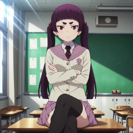 masterpiece,best quality,amazing quality,good quality,absurdres,solo,1girl,anime screencap,Kamiki Izumo,purple hair,long hair,twintails,blunt bangs,thick eyebrows,red eyes,small breasts,hair bobbles,hair ornament,school uniform,necktie,skirt,black thighhighs,>:( ,crossed arms,crossed legs,on desk,facing away,looking at viewer,indoors,classroom,day,sunlight