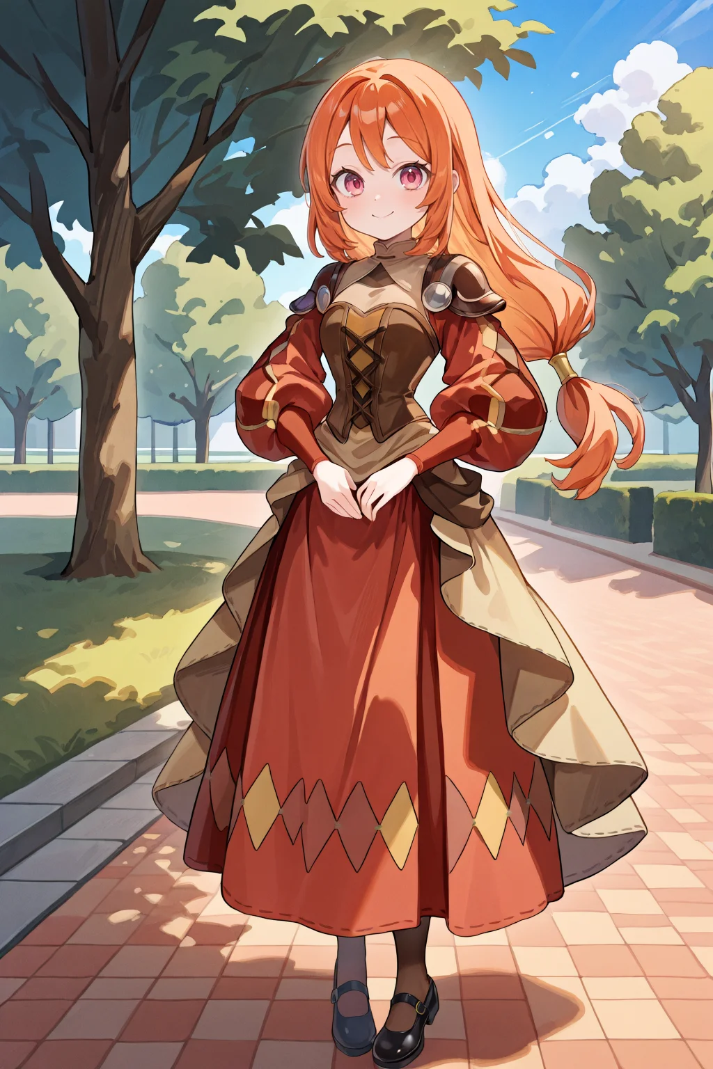 <lora:MonicaIL:0.8> , MoniDef, 1girl, pink eyes, long hair, orange hair, low-tied long hair, juliet sleeves, shoulder pads, patchwork clothes, layered dress, corset, beige undershirt, brown corset, long skirt, red skirt, waist cape, beige waist cape, long sleeves, pantyhose, mary janes, black shoes red sleeves, yellow juliet sleeves, full body, smile, day, ((perfect hands)), looking at viewer, park, masterpiece, very aesthetic, absurdres, best quality, amazing quality, high resolution, detailed background, <lora:illustrious_quality_modifiers_masterpieces_v1:0.8> , <lora:ChamIllustriousBackgroundEnhancer:0.5>,
