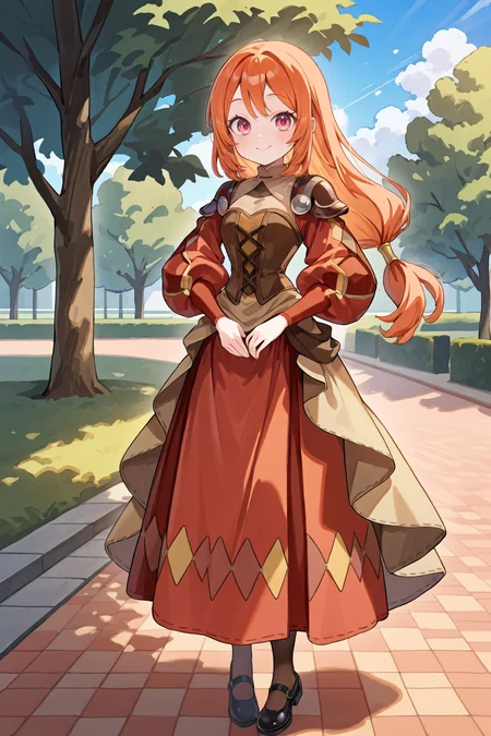 <lora:MonicaIL:0.8> , MoniDef, 1girl, pink eyes, long hair, orange hair, low-tied long hair, juliet sleeves, shoulder pads, patchwork clothes, layered dress, corset, beige undershirt, brown corset, long skirt, red skirt, waist cape, beige waist cape, long sleeves, pantyhose, mary janes, black shoes red sleeves, yellow juliet sleeves, full body, smile, day, ((perfect hands)), looking at viewer, park, masterpiece, very aesthetic, absurdres, best quality, amazing quality, high resolution, detailed background, <lora:illustrious_quality_modifiers_masterpieces_v1:0.8> , <lora:ChamIllustriousBackgroundEnhancer:0.5>,