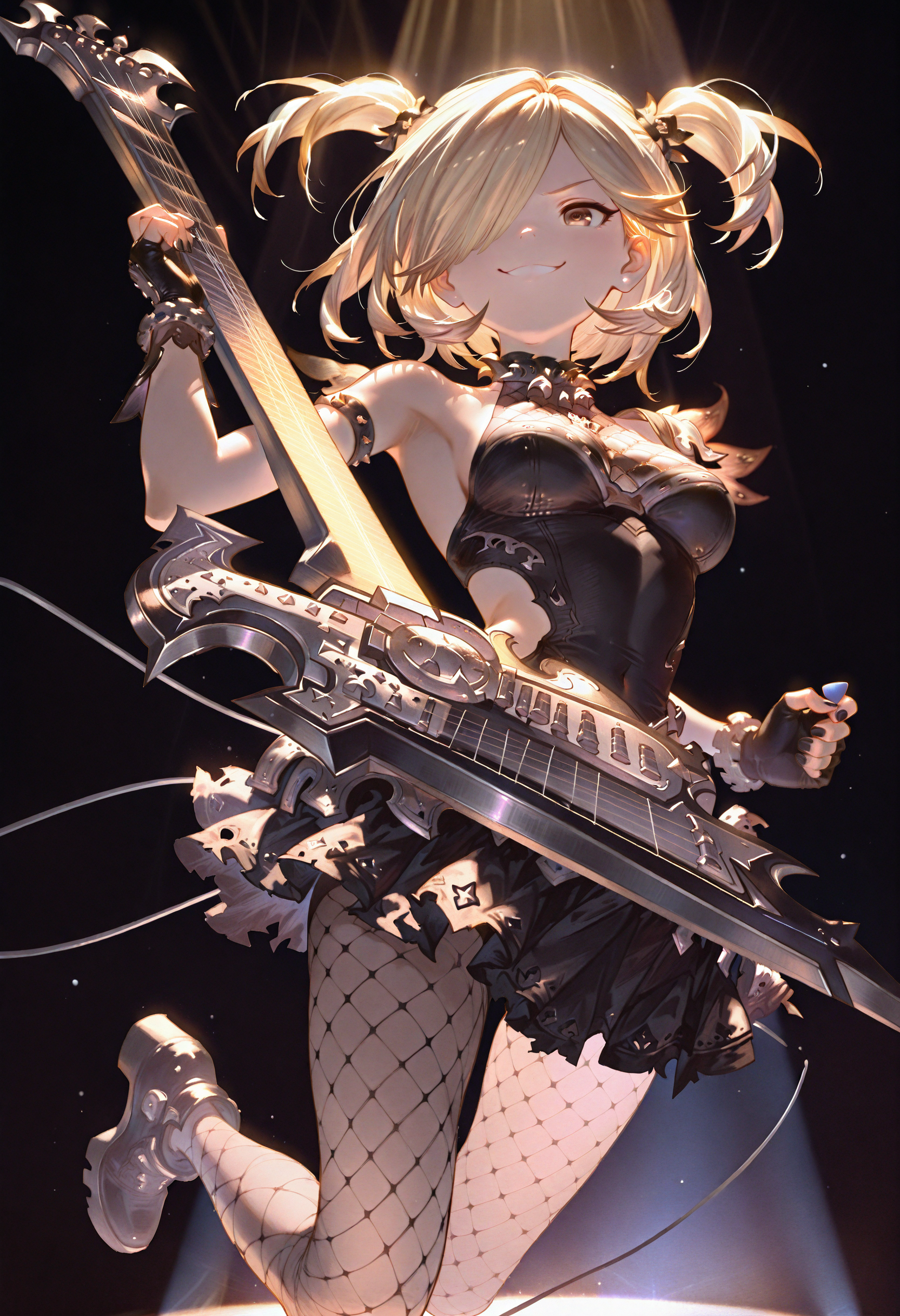 masterpiece, best quality, amazing quality, very aesthetic, high resolution, absurdres, anime,
photo background, photography \(artwork\), photo \(medium\), detailed, detailed background, detailed clothing, detailed hair, detailed eyes, wrinkles, skin folds, intricate, volumetric lighting, dramatic lighting, backlighting, very awa, very aesthetic, dynamic,
dark background, on stage, spotlight, 
1girl, solo, happy, smile, jumping, 
djeeta \(granblue fantasy\), djeeta \(rising force\), 
blonde hair, twintails, hair over one eye, 
guiter, (electric guiter, plectrum:1.2), 
black dress, black skirt, black fishnet pantyhose, 
fingerless gloves, black nail, 
<lora:TrendCraft_The_Peoples_Style_Detailer-v2.3I-4_16_2025-Illustrious:0.5> 
<lora:Djeeta_Rising_Force_Granblue_Fantasy:1>