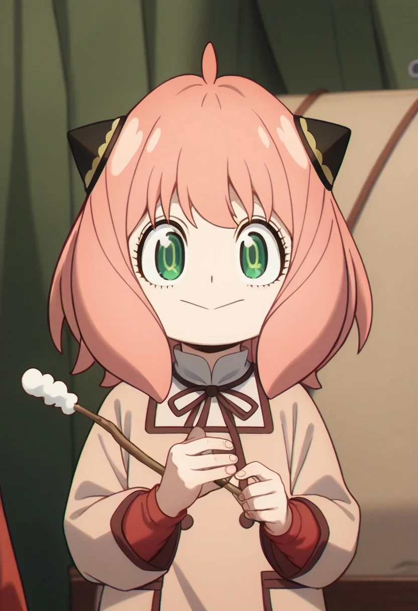 score_9, score_8_up, score_7_up, source_anime,, ( flat chest), , shortstack <lora:anya-forger-movie-ponyxl-lora-nochekaiser:1>, anya forger, anya (spy x family), bangs, green eyes, pink hair, ahoge, , hairpods,BREAK,, camping, a camp fire burns in front of tents, Autumn background, sweater, sitting in a chair, bonfire, roasting marshmallows,, holding a marshmallow on a stick ,happy