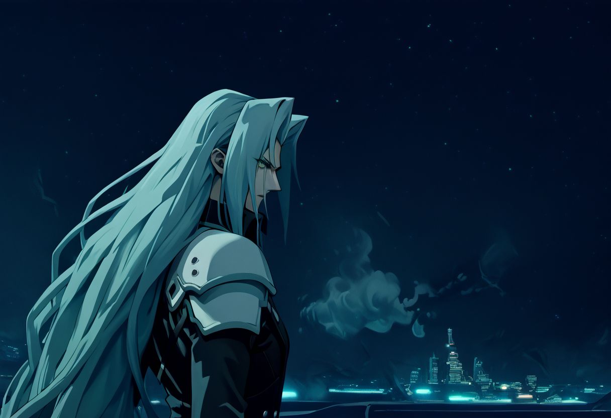 score_9, score_8_up, score_7_up, asymmetrical composition, vaporwave, Lofi, Sephiroth looking board slumped on a stoop overlooking ShinRa tower, shinra_hq, shoulder armor, ShinRa headquarters, night, city, smoke, fog, smog, smoke stacks,, exaggerated perspective emphasizing action, Sephiroth fighting swinging very long sword, long billowing black leather overcoat, pitch black starry sky, solo, beautiful, androgynous, flat chest, leather straps, broad shouldered, high contrast, industrial cityscape background, Netflix, Studio Trigger, ff7, neolight,
