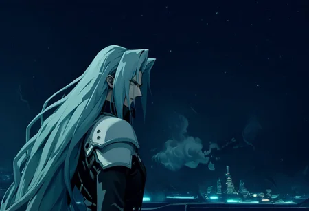 score_9, score_8_up, score_7_up, asymmetrical composition, vaporwave, Lofi, Sephiroth looking board slumped on a stoop overlooking ShinRa tower, shinra_hq, shoulder armor, ShinRa headquarters, night, city, smoke, fog, smog, smoke stacks,, exaggerated perspective emphasizing action, Sephiroth fighting swinging very long sword, long billowing black leather overcoat, pitch black starry sky, solo, beautiful, androgynous, flat chest, leather straps, broad shouldered, high contrast, industrial cityscape background, Netflix, Studio Trigger, ff7, neolight,