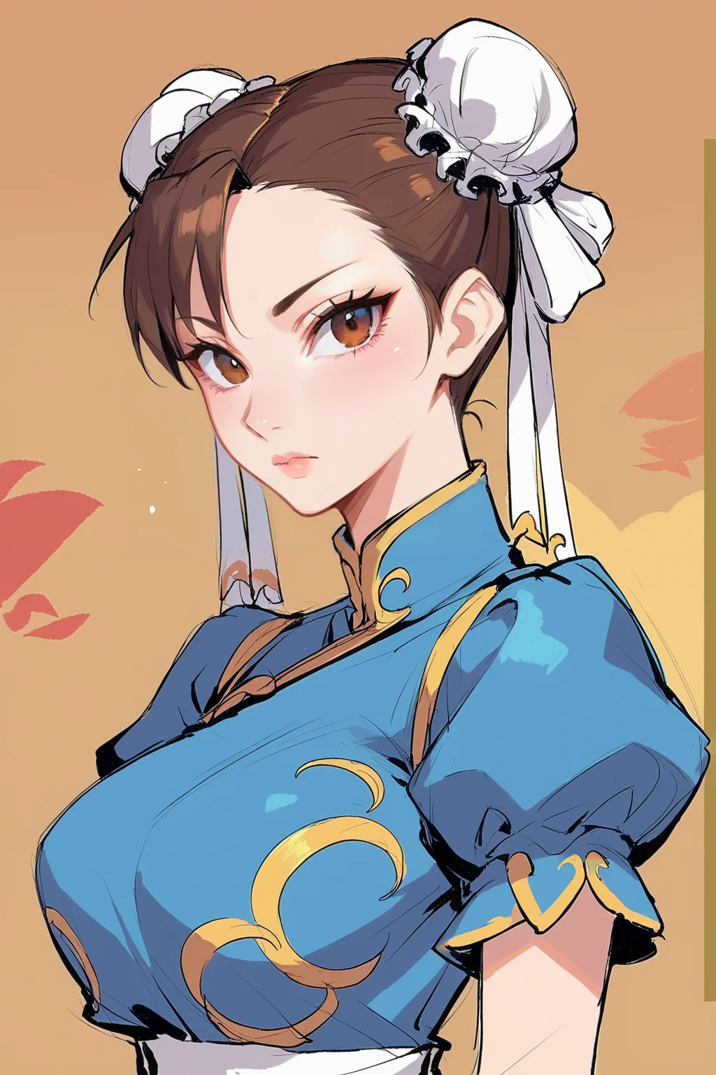 score_9, score_8_up, score_7_up, score_6_up, source_anime, <lora:HaDr_Style:1>,
1 female, looking at viewer, portrait, upper body, large breasts, dry skin, dry,
chun-li, brown hair, twin buns, white hair bun, blue dress, poofy sleeves, short sleeves, facing viewer,
((sketch, flat shading, cell shading, 2d, manga, painting, oil painting, pastel))