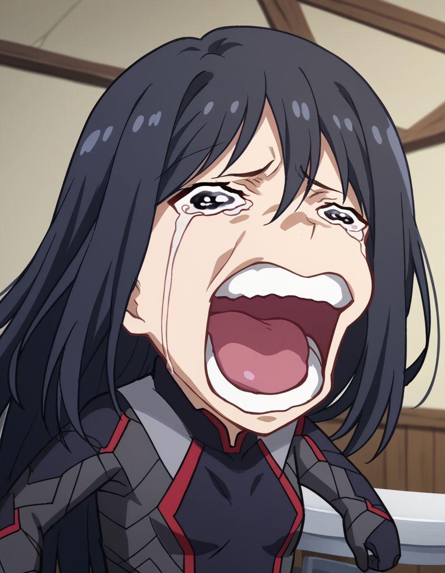 score_9, score_8_up, score_7_up, source_anime, <lora:shutaura-sequenzia-movie-ponyxl-lora-nochekaiser:1>, shutaura sequenzia, long hair, black hair, black eyes, hair between eyes, anime screencap,, bodysuit, black bodysuit, pilot suit, dining room, table, chairs, dishes, cutlery, , <lora:chopper-crying-ponyxl-lora-nochekaiser:1> chopper crying, chopper crying (meme), meme, wavy eyes, crying, tears, teeth, open mouth, tongue,, looking at viewer, solo,, dutch angle, cowboy shot