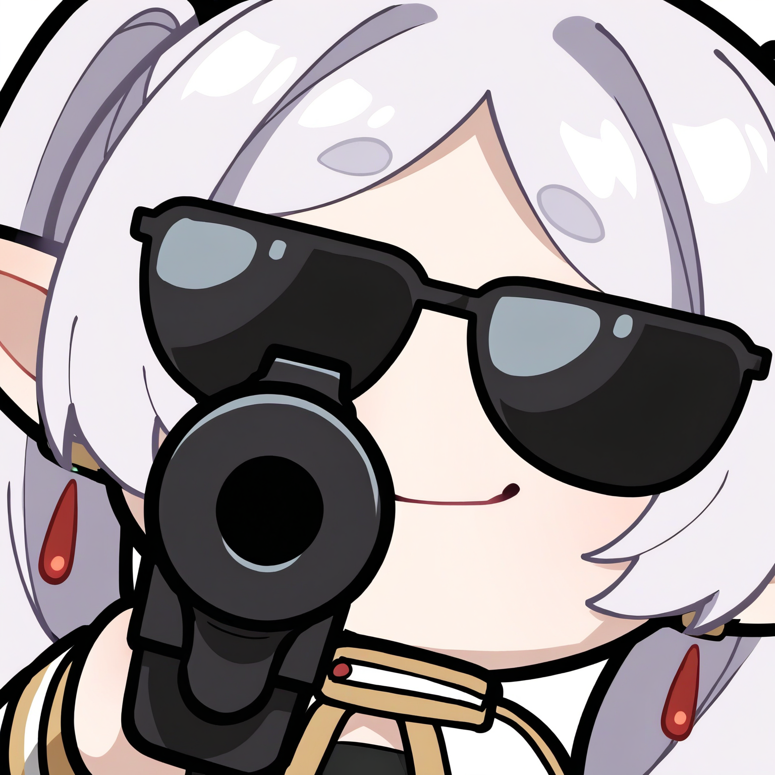 <lora:EmoteStyleSDXL:1>, best quality, masterpiece, emote, chibi, 1girl, frieren, smug, black outline, white background, upper body close up, solo, sunglasses, aiming at viewer, holding gun, arm by side, small black gun