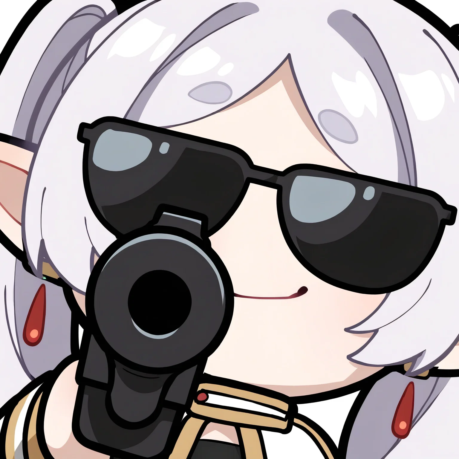 <lora:EmoteStyleSDXL:1>, best quality, masterpiece, emote, chibi, 1girl, frieren, smug, black outline, white background, upper body close up, solo, sunglasses, aiming at viewer, holding gun, arm by side, small black gun