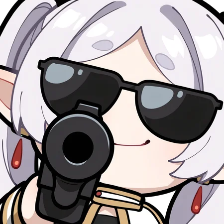 <lora:EmoteStyleSDXL:1>, best quality, masterpiece, emote, chibi, 1girl, frieren, smug, black outline, white background, upper body close up, solo, sunglasses, aiming at viewer, holding gun, arm by side, small black gun