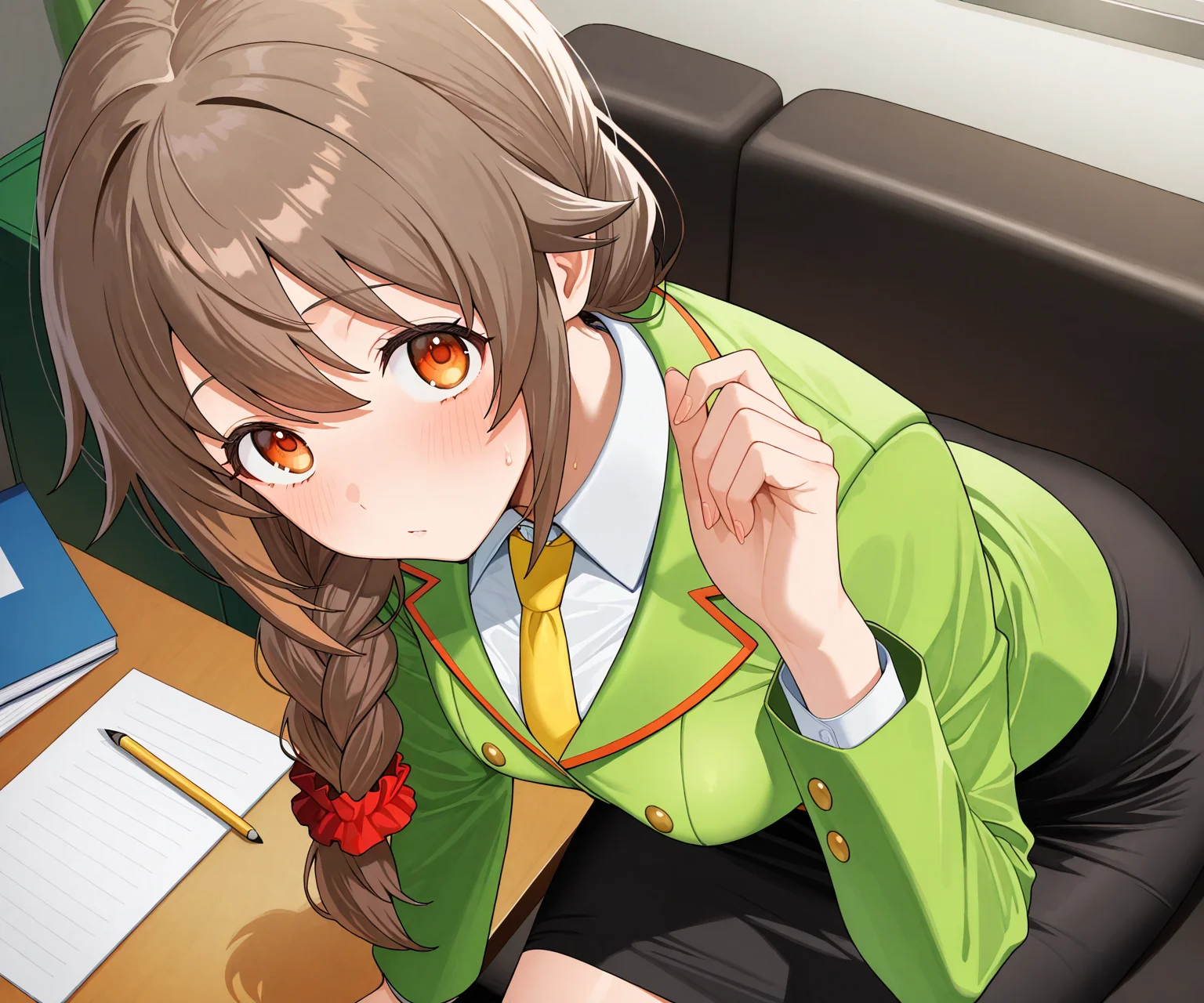 masterpiece, best quality, amazing quality, sfe, 1girl, solo, looking at viewer, senkawa chihiro, orange eyes, brown hair, side braid, red scrunchie, green jacket, yellow necktie, black pencil skirt, <lora:Vanadium style ILL-v2:1.2> vanadiumcjf