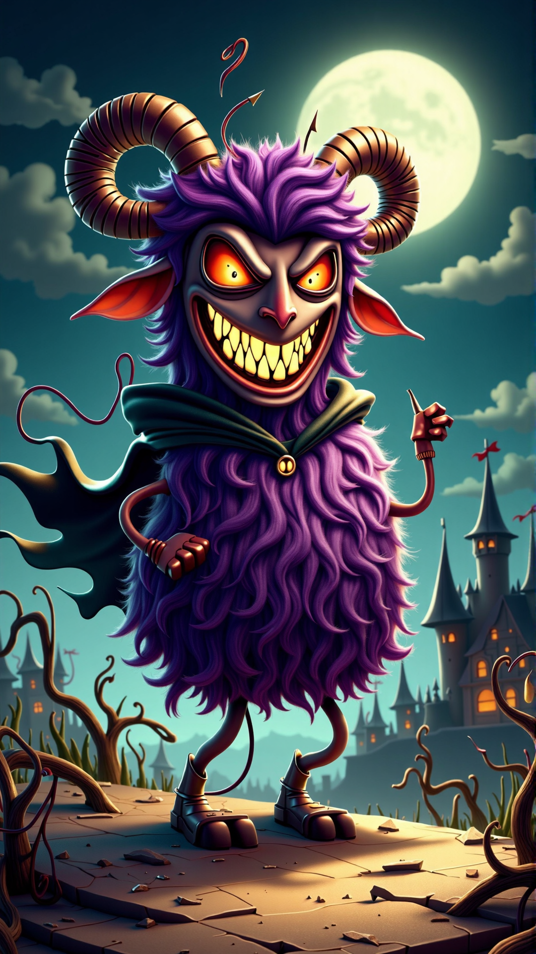 An image of a villainous item: A villainous, cartoonish sheep with a wicked grin, standing triumphantly atop a hill in a desolate, moonlit landscape. The evil sheep's fleece is a twisted, jagged mess of black and purple locks, with glowing red eyes that seem to pierce through the darkness. A maniacal, toothy smile stretches across its face, showcasing sharp, pointed teeth, giving it a malevolent appearance.
Its ears are pointed, as if listening in on the nefarious plans it's concocting, while its legs appear to be twisted and deformed, giving it a menacing, lurching gait. A dark, tattered cape flows behind the diabolical sheep, billowing in the wind as it surveys its malevolent domain.
The hill upon which the wicked sheep stands is dry and barren, with twisted, withered trees scattered about, their branches like bony fingers reaching up towards the moon. A dark, ominous castle looms in the distance, its spires reaching up like skeletal fingers, while a faint, eerie glow emanates from within, casting an otherworldly light over the desolate landscape.<lora:VillainousStyleFlux:1>