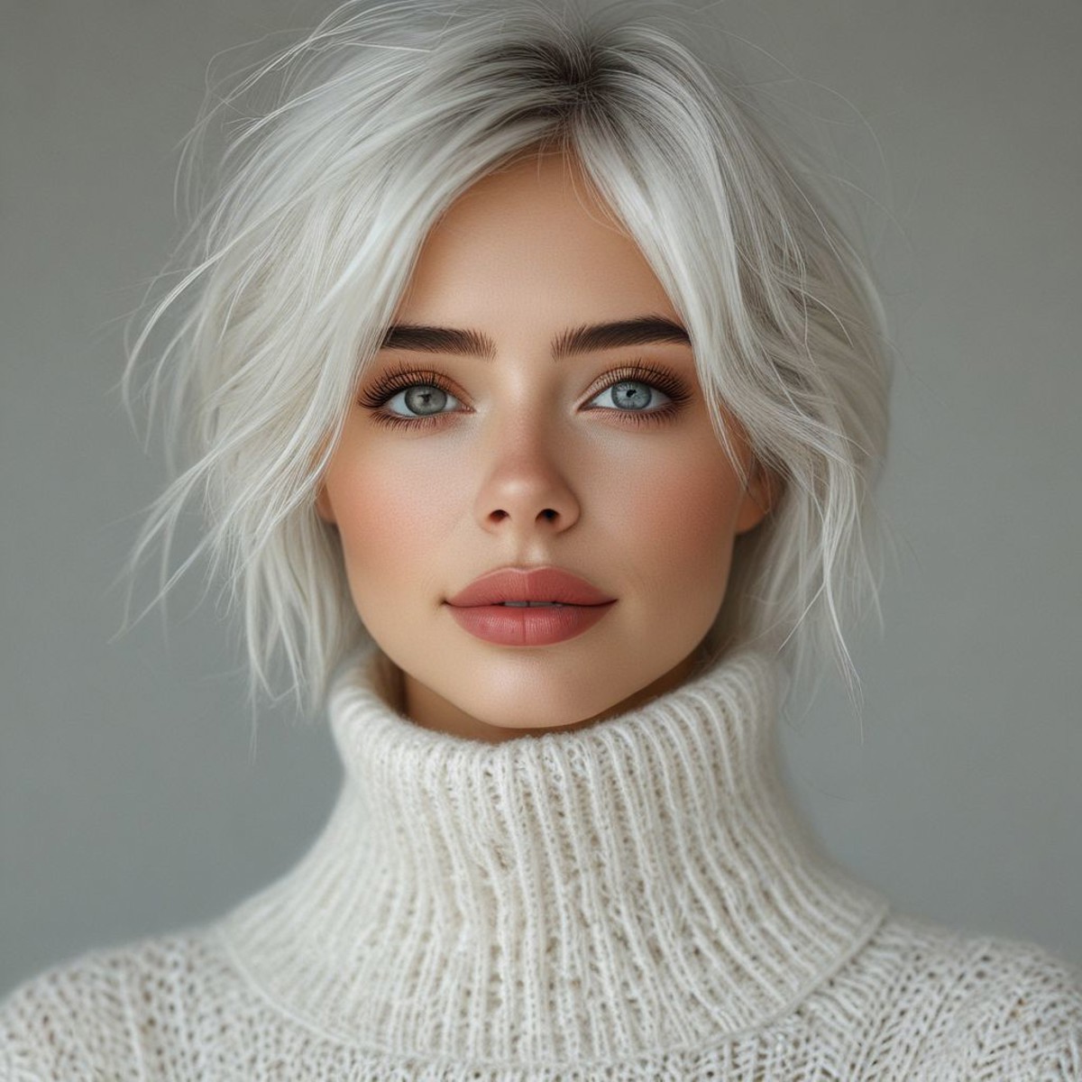bellissima 1girl, solo, looking at viewer, brown eyes, upper body, white hair, parted lips, blurry, sweater, lips, blurry background, turtleneck, turtleneck sweater, realistic, white sweater