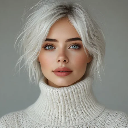 bellissima 1girl, solo, looking at viewer, brown eyes, upper body, white hair, parted lips, blurry, sweater, lips, blurry background, turtleneck, turtleneck sweater, realistic, white sweater