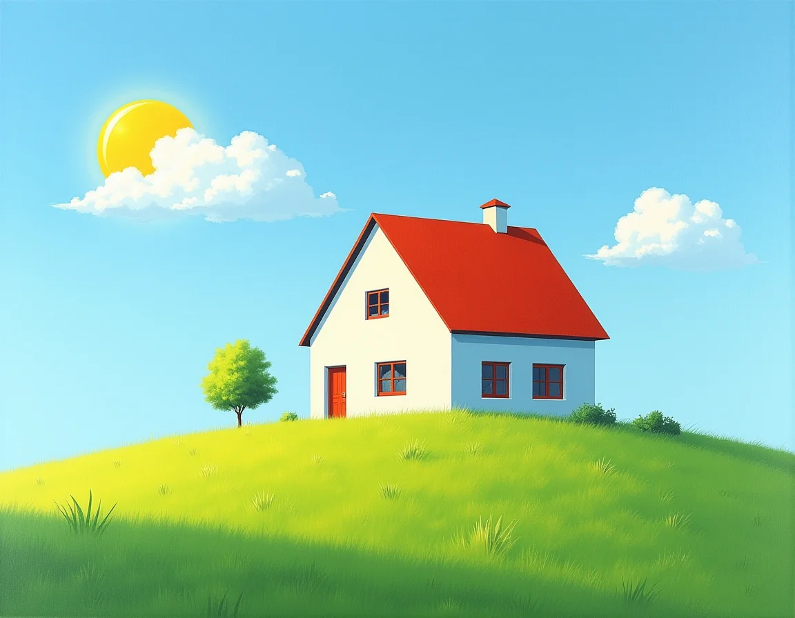 art of a modern house, blue sky, grass, perfectly trimmed brush in a round shape, sun, 2 clouds, symmetrical, <lora:style_of_Art_Frahm_FLUX_210:1> style of Art Frahm