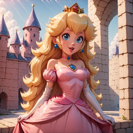 score_4,score_5,score_6,score_7_up,score_8_up,score_9 BREAK 1girl,solo,jewelry,earrings,long hair,breasts,very long hair,big hair,choker,dress,medium breasts,bare shoulders,:d,outdoors,smile,open mouth,<lora:Princess_Peach_Shiny_Style_V2:0.8>,shiny,shiny skin,princess peach,castle,