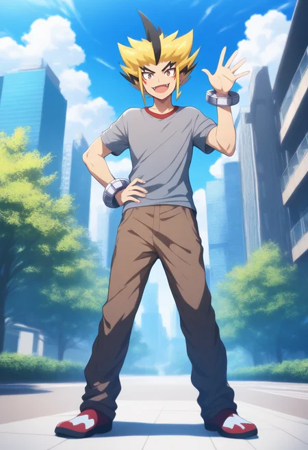 <lora:Bolt_Fuchigami:1>,bolt fuchigami,1boy,male focus,hand on own hip,outdoors,building,standing,day,pants,open mouth,smile,shirt,bush,full body,grey shirt,bracelet,looking at viewer,jewelry,sky,brown pants,tree,cloud,solo,t-shirt,city,blue sky,blurry,legs apart,fang,happy,skyscraper,white-red footwear,brown eyes,waving,masterpiece,high score,great score,absurdres,