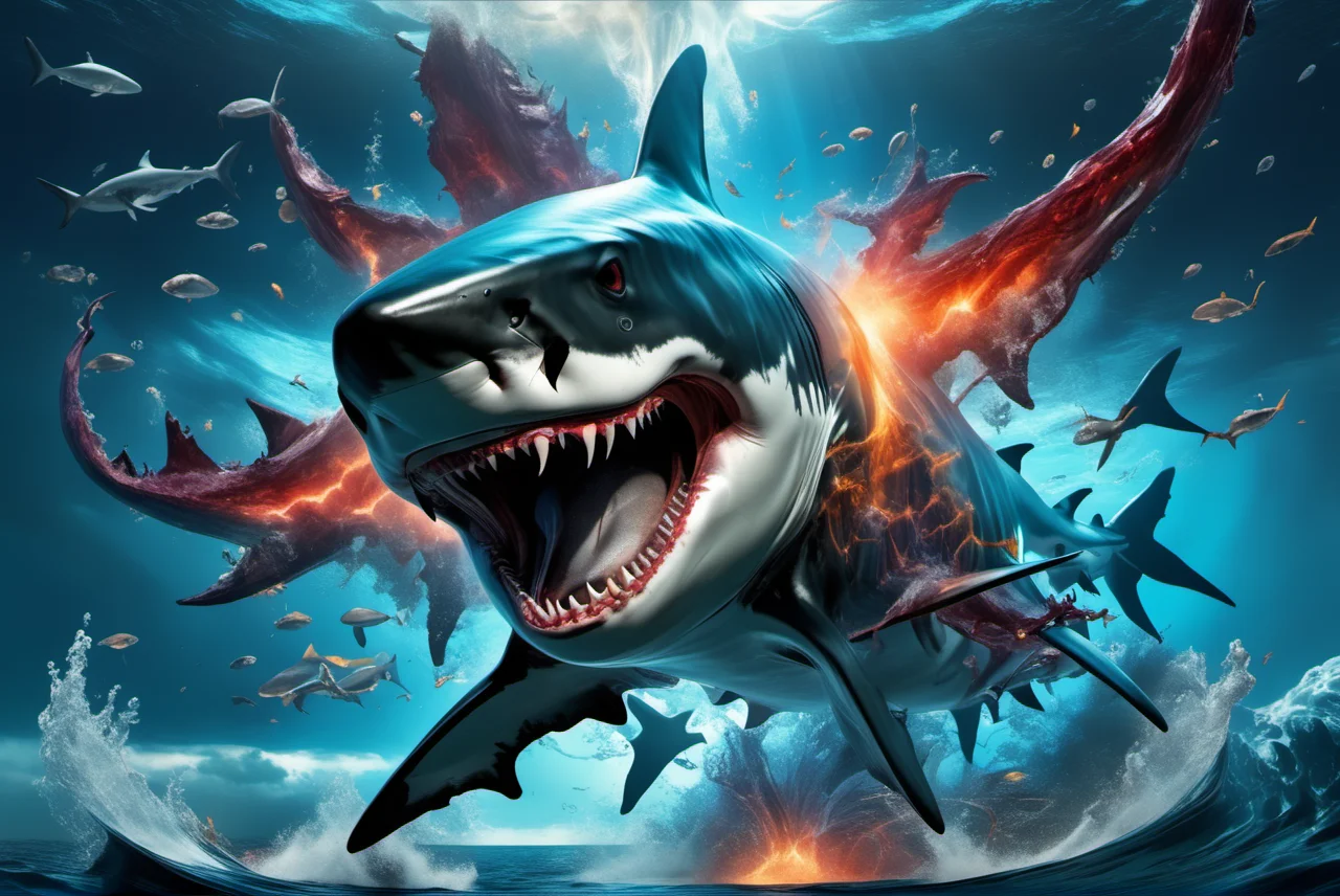 portrait of a gigantic shark monster,awardwinning, 8k,  atmospheric,dramatic,godlike,superpowers,power surge,epic,representation of absolute power,dense particles in the atmosphere,in the style of aleksi briclot,sandra chevrier and mythsxl,<lora:mythsxl:1>