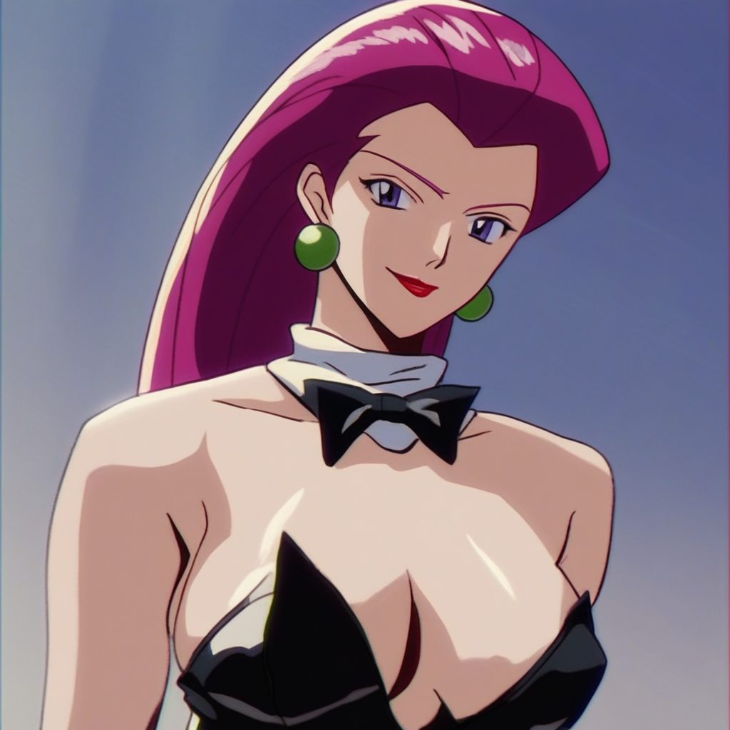 GT4ST3, source_anime,  artist style:Urushihara Satoshi, source_hentai, source_anime,1woman, looking at viewer, facing viewer, score_9, score_8_up, score_7_up, score_6_up, Jessie\(Pokemon\), BREAK, 1girl, solo,  bunnysuit, playboy_bunny, (Jessie from Pokemon), redhead, long hair, perfect face, perfect eyes, sexy, sexy girl, seductive, beautiful eyes, petite body, wide hips, large breasts, posing, dynamic angle, retro_artstyle