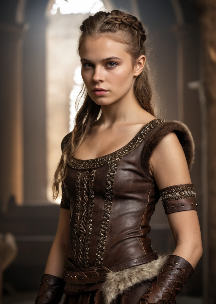hyperrealistic, glamorous photo, masterpiece, dramatic angle, best quality,
French, Princess Gisla from the TV series Vikings, Morgane Polanski, 20yo, brown hair, long hair, brown eyes, serious look, slim, small breasts,, dirty skin, detailed outfit, warrior pose, detailed background from the Viking TV series, high fashion, luxurious, extravagant, stylish, sensual, opulent, elegance,
professional, high contrast, bright colors, best lighting, intricate details, (high quality texture), (sharp), (artistic image), 8K, detailed, dynamic, depth of field,