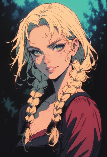score_9, score_8_up, score_7_up, score_6_up, score_5_up, score_4_up, (masterpiece, best quality, high quality, highres, ultra-detailed), 1girl, cowboy shot, green eyes, blonde hair, twin braids, smile, freckles, outside, <lora:Granblue_Fantasy_Style_XLv4:0.4> <lora:Sinozick_Style_XL_Pony:0.4> sinozick style, flat color, dark theme, <lora:GLSHS:0.8> GLSHS, partially illuminated,