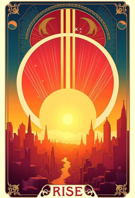Geometric cityscape at sunset, poster with the text “RISE”, visual flourishes of light beams and abstract shapes, illustration in the style of ARTNV