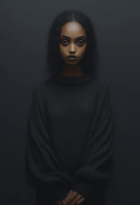 1girl, cute pose, dark skinned, goth, oversized sweater, realistic, detailed, DOOMHAZER