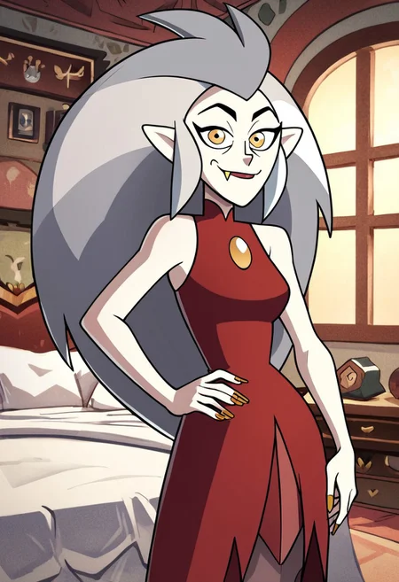 score_9, score_8_up, score_7_up, score_6_up, score_5_up, score_4_up, masterpiece, high quality, detailed, best quality, white bed, solo, rating_safe, source_cartoon, white bed, indoors, bedroom, smiling, happy, closed mouth, seductive, looking at viewer, standing, hand on own hip, detailed eyes, 1girl, Eda Clawthorne \(the owl house\), mature female, grey hair, long hair, pointy ears, fang, orange nails, pale skin, yellow eyes, red dress, long dress, bare shoulders, sleeveless dress, pantyhose, midriff
