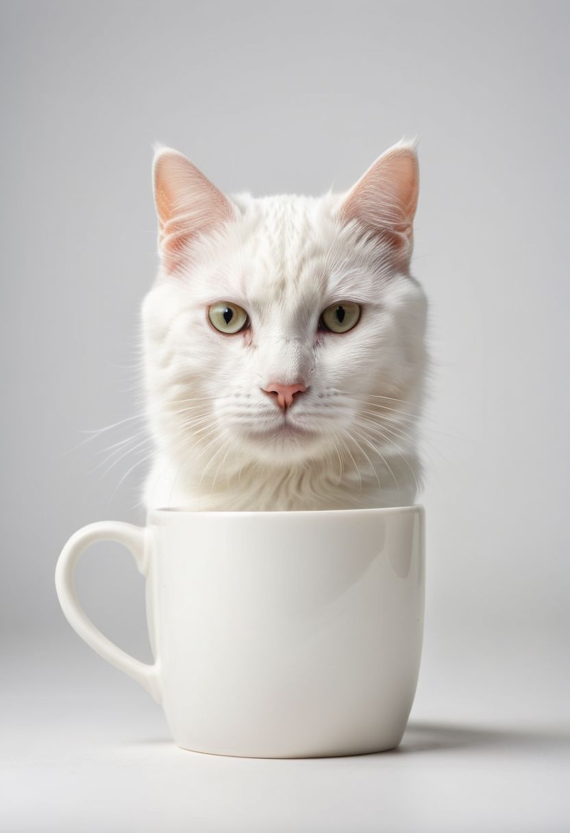 A white cat holding a mug, pattern mug, detailed mug, simple background, 8k, hd