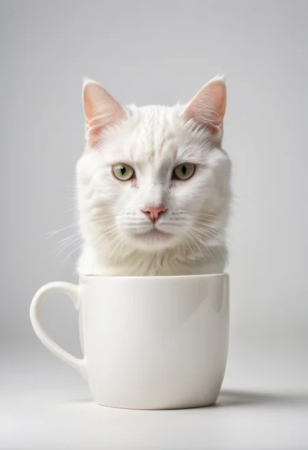 A white cat holding a mug, pattern mug, detailed mug, simple background, 8k, hd