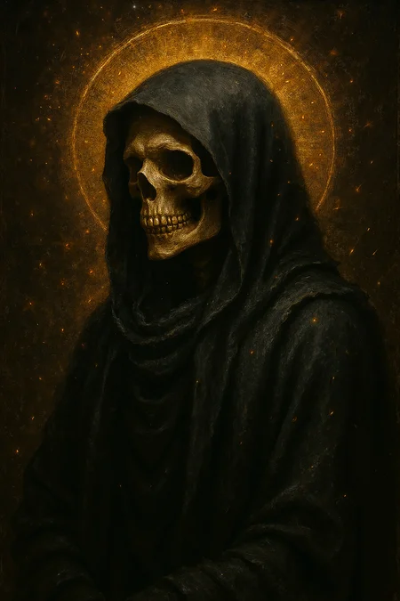 Grim Reaper, portrait, mystic halo, black robe with hood, sparks, backlighting, gold, warm, oil painting, best quality, high resolution, extreme detail, outstanding composition, masterpiece