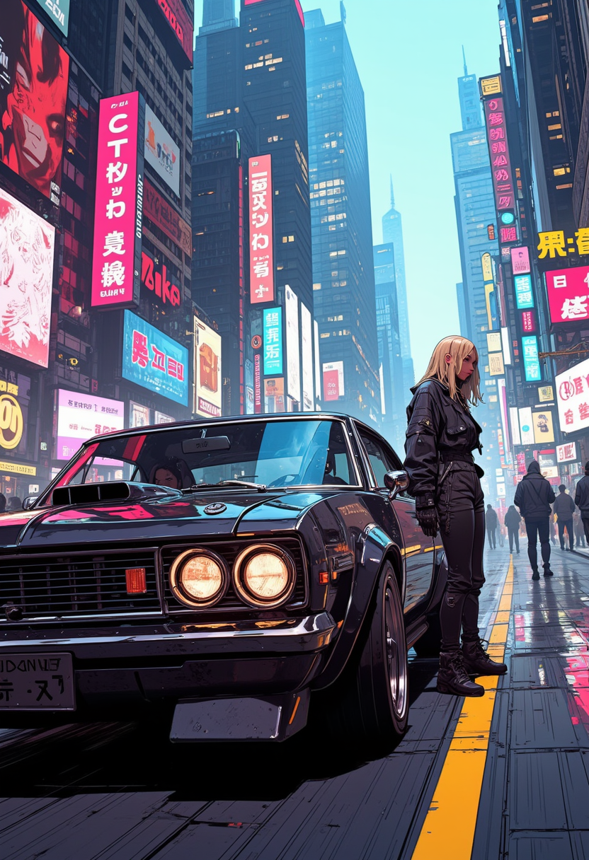 Image is a masterpiece quality, high resolution digital fantasy artwork featuring the a advanced cyberpunk muscle car driving through a cyberpunk city. Outside is the view of a bright neon city. Theres a beautiful woman with blonde hair in a high collar jacket next to the side of the car. In the background is a skyscrapers, city  extreme wide angle shot. <lora:s1n0z1ck_style_FG_Flux_Lora:0.75> <lora:Niji_anime_style_flux:0.75> <lora:CyberPunkAnimeStyle_FLUX:0.6>