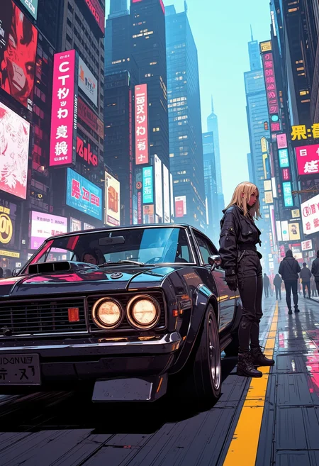 Image is a masterpiece quality, high resolution digital fantasy artwork featuring the a advanced cyberpunk muscle car driving through a cyberpunk city. Outside is the view of a bright neon city. Theres a beautiful woman with blonde hair in a high collar jacket next to the side of the car. In the background is a skyscrapers, city  extreme wide angle shot. <lora:s1n0z1ck_style_FG_Flux_Lora:0.75> <lora:Niji_anime_style_flux:0.75> <lora:CyberPunkAnimeStyle_FLUX:0.6>