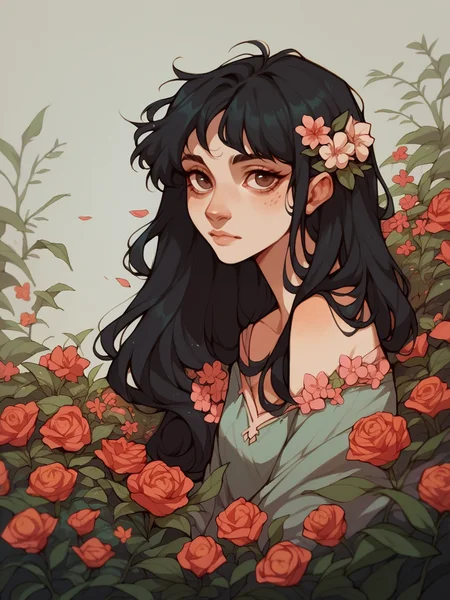 score_9, score_8_up, score_7_up, score_6_up, score_5_up, <lora:tamaytkaXLP:1> tamaytka, 1girl, long hair, brown eyes, flower, black hair