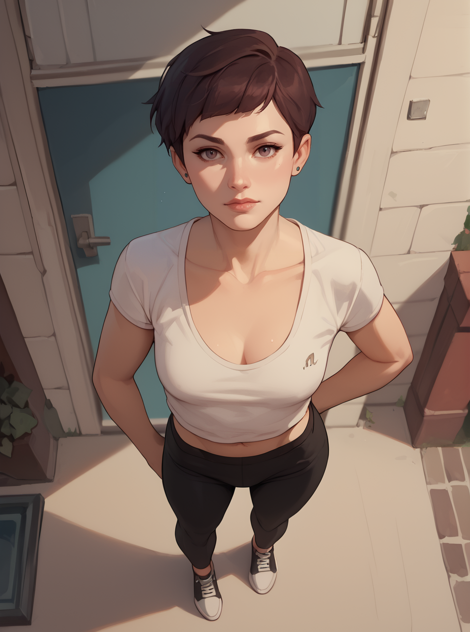score_9, score_8_up, score_7_up,  1girl, cartoon, western animation, looking at viewer, flat colors, outline, standing, full body, from above,  <lora:ellenkpxl:1>, ellenkpxl, short hair,