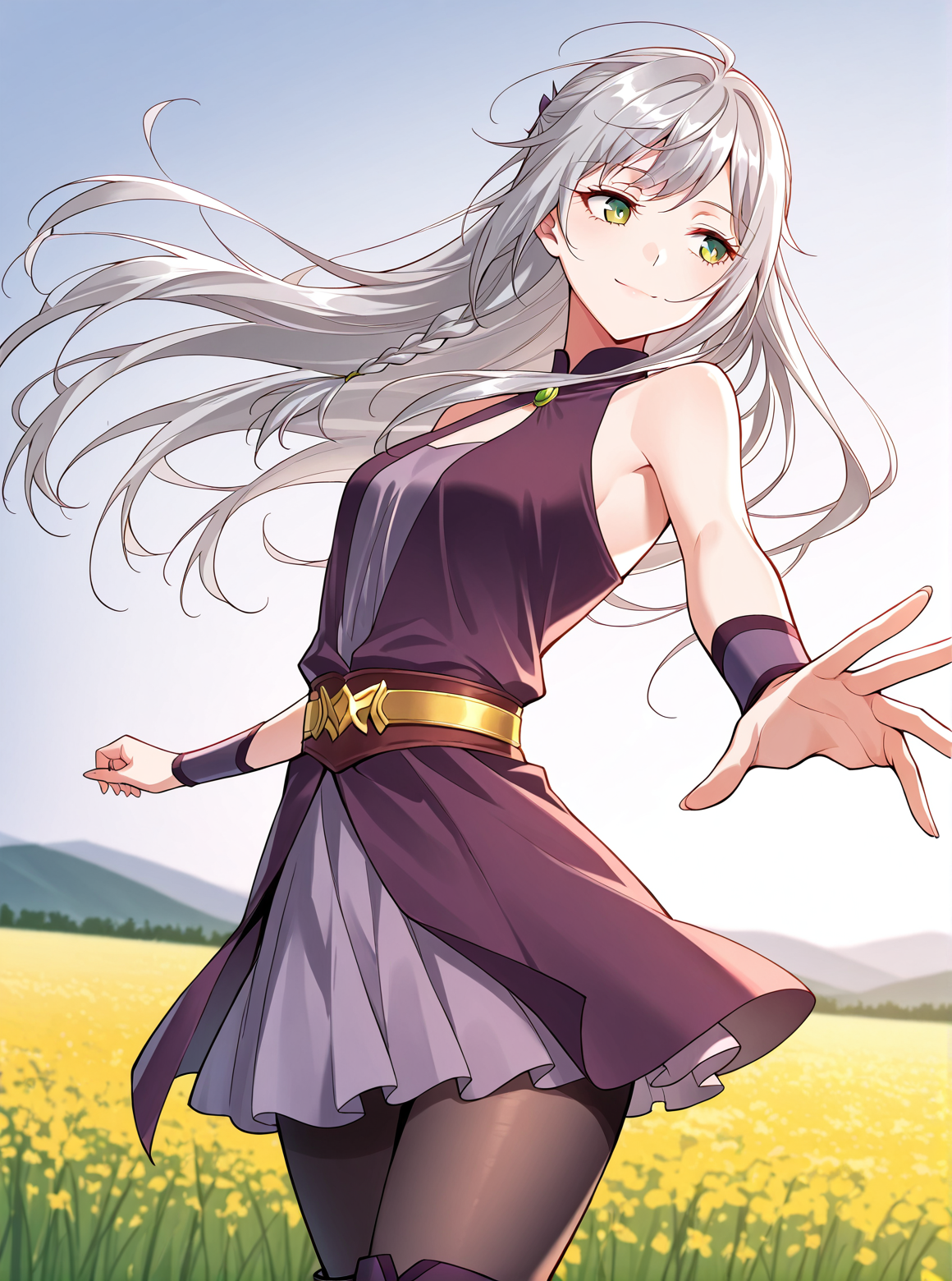 <lora:Ye_Liuli__I_am_the_Fated_Villain__Illustrious:1>
1 girl, solo, gray hair, loose hair, long hair, small braid, green eyes, small breasts
purple dress, short skirt, black tights, purple boots, sleeveless dress, bare shoulders, gold belt
score_9, score_8_up, score_7_up, very aesthetic, source_anime, detailed, high quality, beautiful, masterpiece, detailed eyes, field, blurry background, pose dynamic angle, upper body, cowboy shot, light smile, looking back, reaching out, floating hair