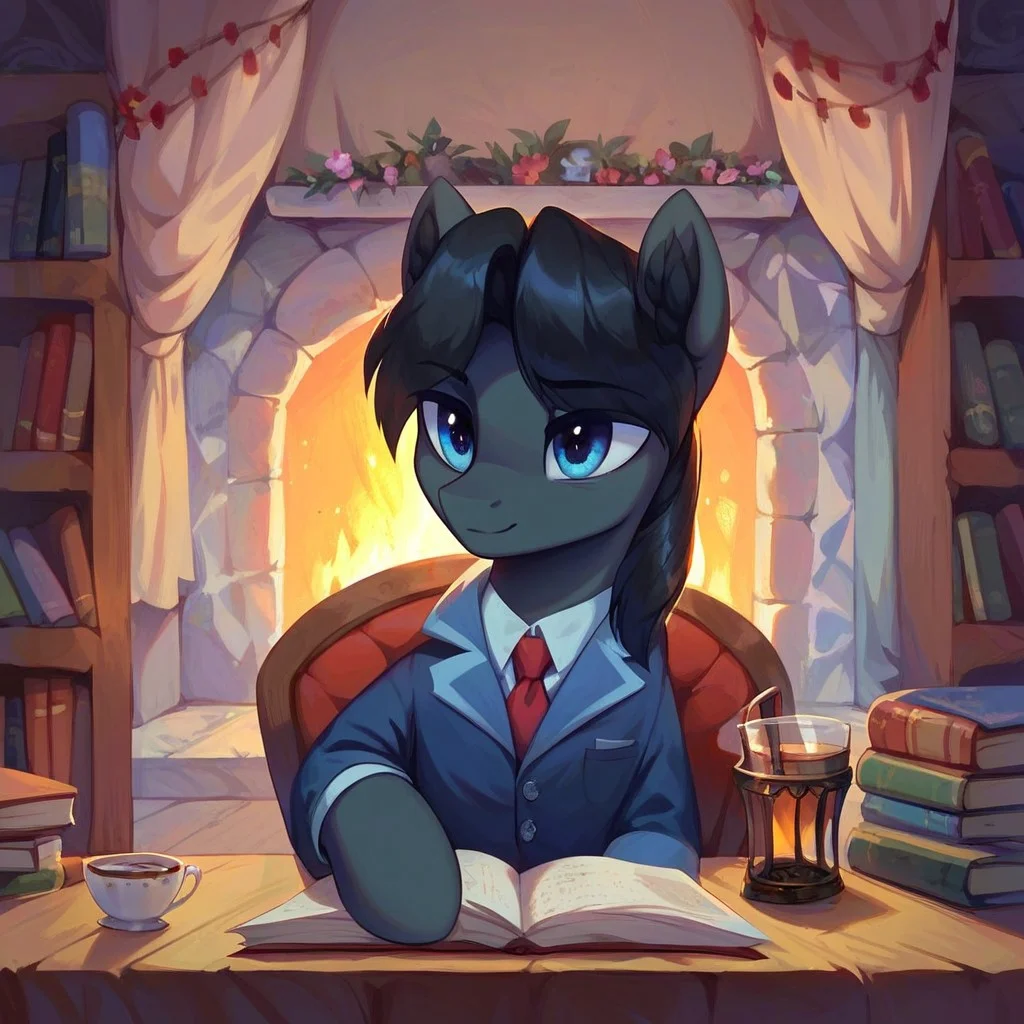 masterpiece, score_9_up, score_8_up, score_7_up, (best quality:1.1), ultra-detailed, high resolution, solo, Sinister Serov, pony, mlp, feral, thin eyebrows, blue eyes, stallion, male, pony ears, black ear fluff, black skin, black mane, curtain bangs, tail BREAK sitting, open book, reading book, sipping tea, slight smile, sitting in a wooden chair, fancy room background, fireplace lit, detailed background, black indoors, modern times, home, bookshelf, lamp on table, expressiveh, highly visible, sharp focus, anatomically correct