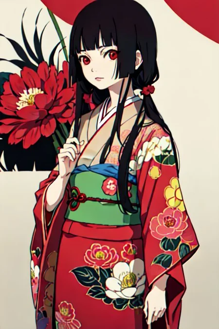 enma ai, hair down, hair black, bangs, eyes red, masterpiece, best quality, ultra-detailed, illustration, 1girl, solo, highres, photorealistic, ultra high res, (Original illustration composition), (fusion of limited color,Maximalism artstyle, kimono obi fashion, double exposure, background, illustration, Amazing, lily spider, night darkness, open one's mouth, finger, bouquet flowers red, low twintails, (polychromatic peony:1.15), Movie poster,