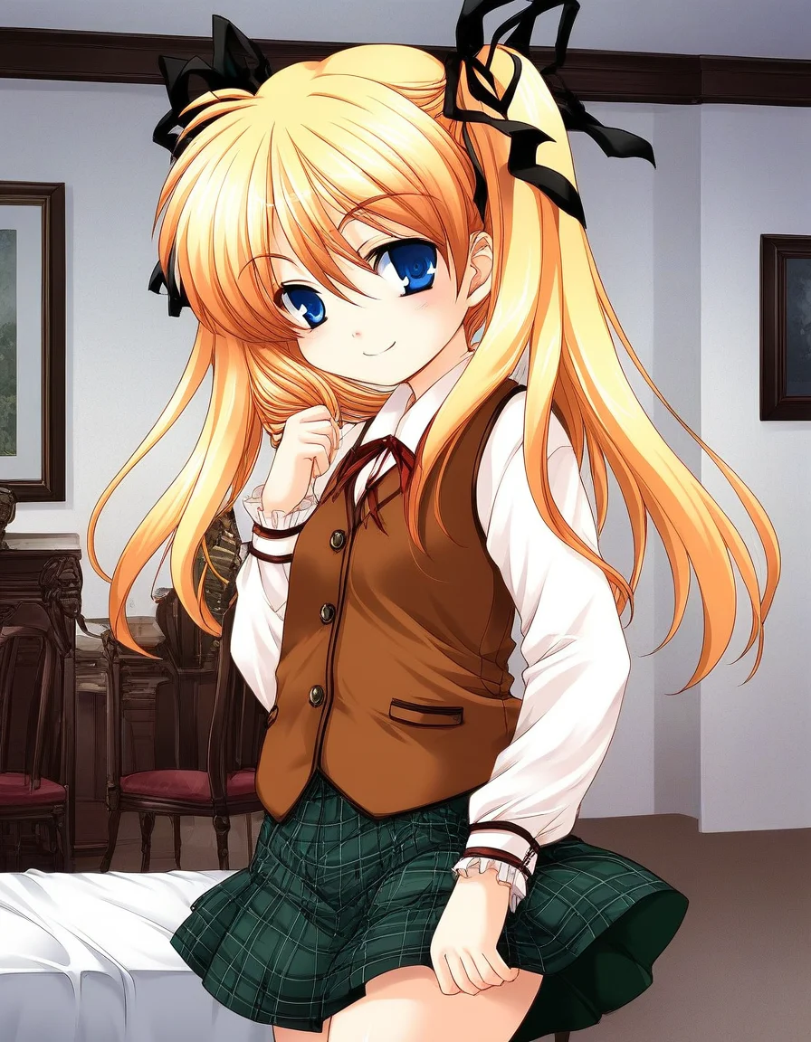 score_9, score_8_up, score_7_up, source_anime, rating_explicit, BREAK  <lora:Itsukiï¼Imi_Ver2.0_XL:1>  Itsukiï¼Imi, blonde hair, blue eyes, ribbon, long hair, hair ribbon, twintails, short stack,
 brown vest,  checked skirt, green skirt, long skirt,
smile,
looking at viewer, 
cowboy_Shot,
room, chair, red carpetm