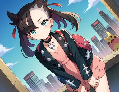 score_9, score_8_up, score_7_up, source_anime,
pokemonmarnie, <lora:pokemon-marnie-ponyxl-lora-nochekaiser:1>
pokemonmarnie, aqua eyes, asymmetrical bangs, asymmetrical hair, black hair, hair ribbon, long hair, red ribbon, ribbon, twintails,
backpack, bag, black choker, black jacket, choker, dress, earrings, jacket, jewelry, long sleeves, open clothes, pink bag, pink dress,
outdoors, cityscape, bent over,
looking at viewer, cowboy shot, dutch angle,