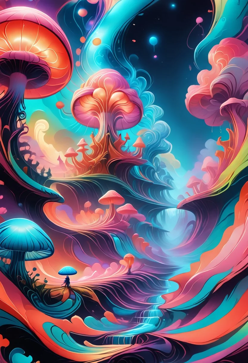 a psychedelic, surrealistic landscape with flying jellyfish and floating orbs.