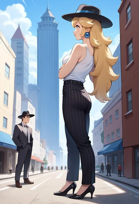 score_9, score_8_up, score_7_up, score_6_up, score_5_up, score_4_up, high quality, (Extremely detailed), 1.5, <Lora:add-detail-xl:1.5>, princess peach, blonde hair, blue eyes, long hair, black fedora hat, white tank top, black pinstripe suit pants, black mule heels, Marco, Giantess, giga size, gigantic, city, standing, side view, arms crossed, looking down, tiny people