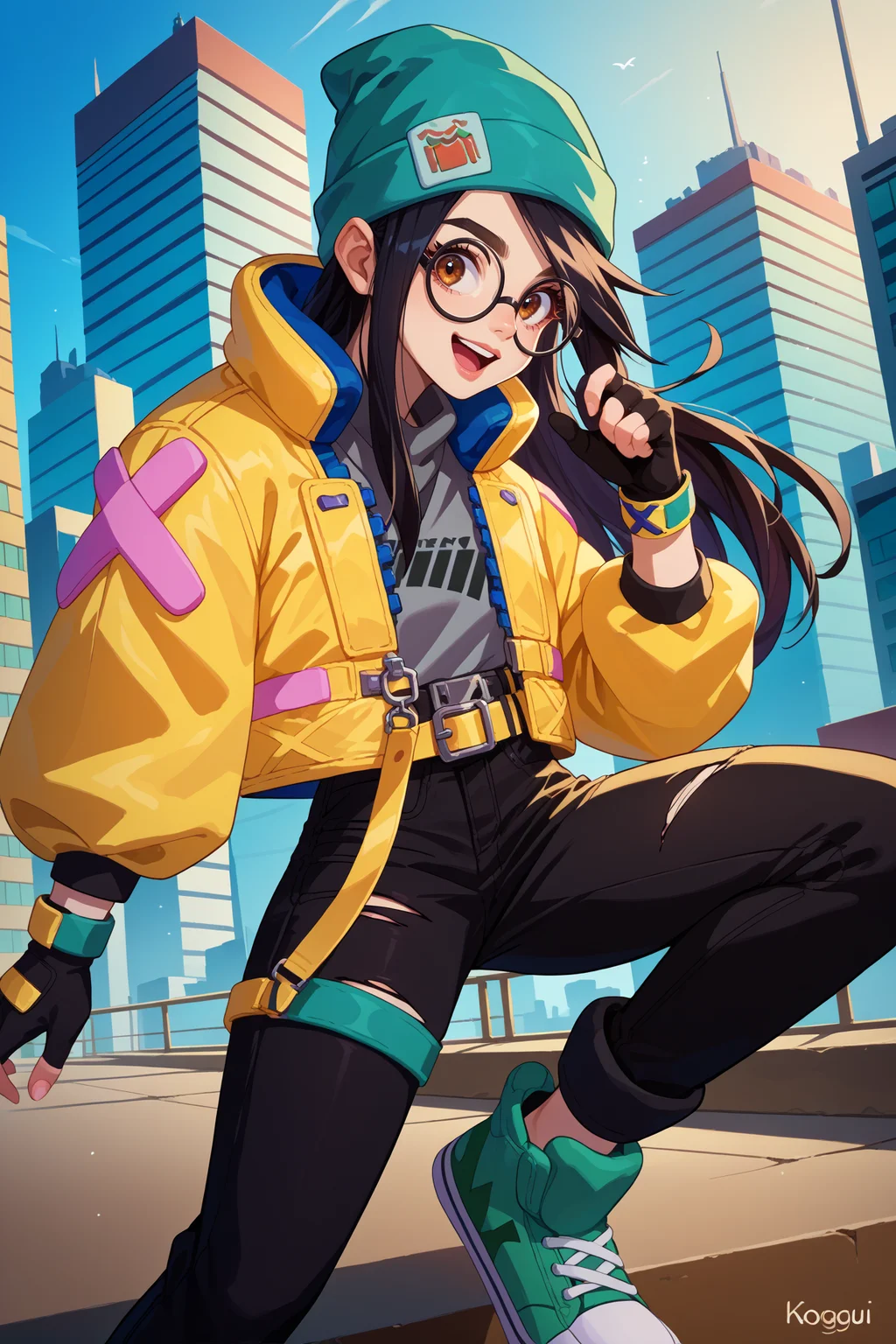 score_9, score_8_up, score_7_up, score_6_up, source_anime, 1girl, solo, <lora:valorantkilljoy-pdxl-nvwls-v1-000005:1> valoKJ, black hair, brown eyes, green beanie, round glasses, yellow jacket, grey shirt, partially fingerless gloves, yellow belt, black pants, torn pants, green sneakers, standing on one leg, excited, looking at you, cityscape