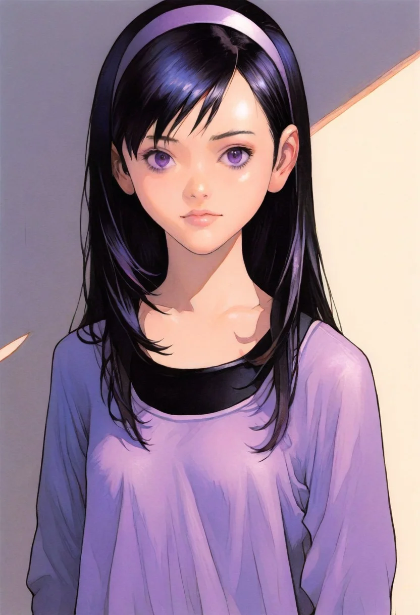 masterpiece, best quality, traditional media, absurdres, realistic body, impressionism, volumetric lighting, 748cmstyle, highres, (blurry foreground:1.2), 1girl, (Violet parr:1.4),violetparr (/The Incredibles)/, black hair, long hair, hairband, purple eyes, Yoshizuki iori, front view, perfecteyes, casual clothes,