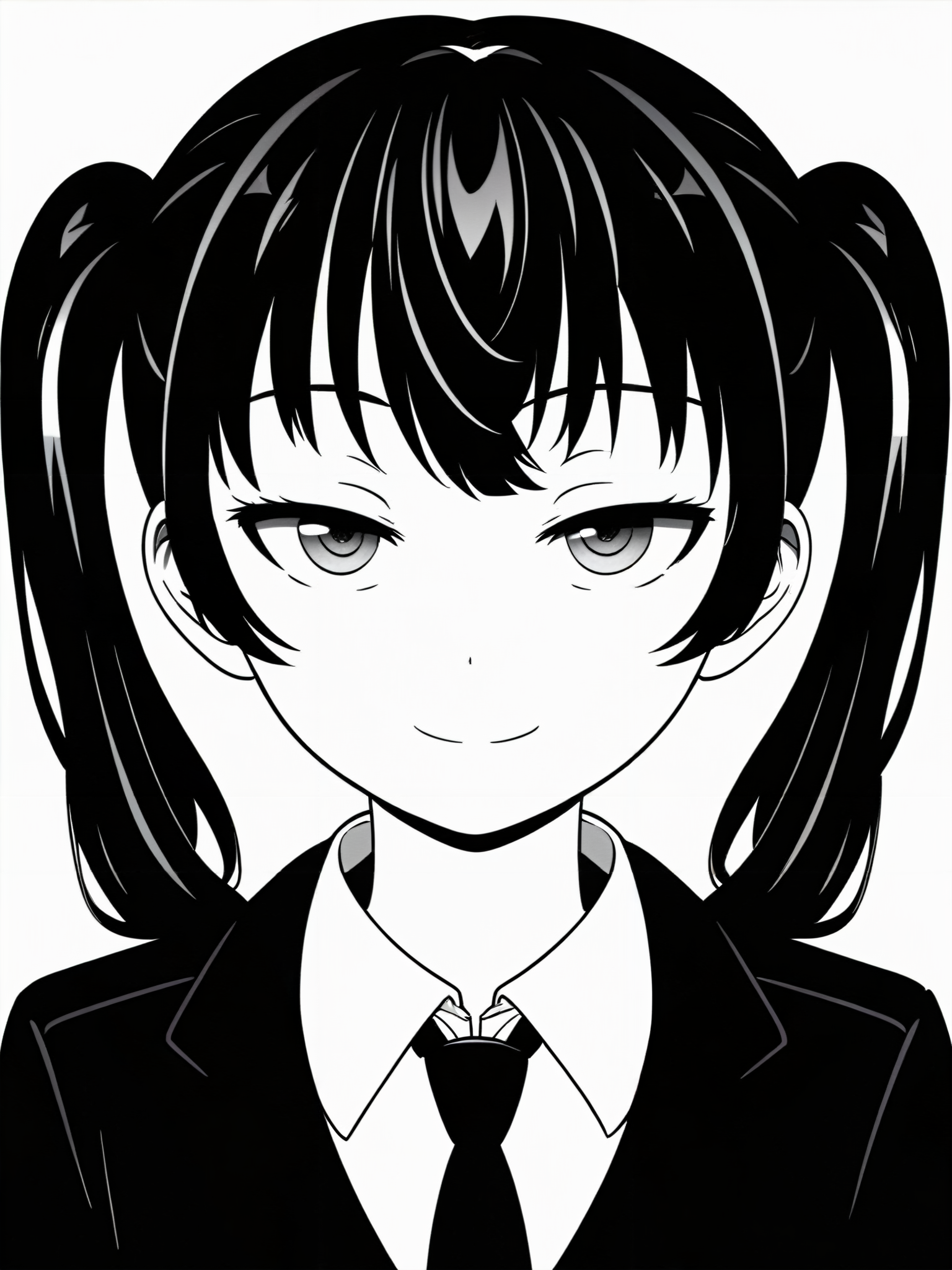 score_9,score_8_up,score_7_up,score_6_up,source_anime,
flat color,digital art,illustration,anime,line art,bright,vivid,
beautiful girl, junior,standing upright,
1girl,close-up shot,close up,Eyes Highlight, healthy skin,bright skin,pale skin,white skin,blush,
front view,from front,looking at viewer,moon face,round face,promotional,
black hair, black eyes, bangs, front bangs, up side twintail,pig tails,smooth hair, straight hair, cool tone,black business suit,jacket, black neck ties, tie, ties,
<lora:jitome_for_pony:0.7>jitome,hosome,half closed eyes, squinted eyes, narrowed eyes, narrow gaze,Straight gaze,
white background,simple background,
masterpiece,high quality,high resolution,high detail,
High brightness,Clear, crisp and sharp,
ID photo,anime screencap, <lora:MeMaXL_V3:0.8>mouth smile,opened mouth,wide opened mouth,big opened mouth,large mouth,frown eyebrows,