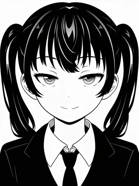 score_9,score_8_up,score_7_up,score_6_up,source_anime,
flat color,digital art,illustration,anime,line art,bright,vivid,
beautiful girl, junior,standing upright,
1girl,close-up shot,close up,Eyes Highlight, healthy skin,bright skin,pale skin,white skin,blush,
front view,from front,looking at viewer,moon face,round face,promotional,
black hair, black eyes, bangs, front bangs, up side twintail,pig tails,smooth hair, straight hair, cool tone,black business suit,jacket, black neck ties, tie, ties,
<lora:jitome_for_pony:0.7>jitome,hosome,half closed eyes, squinted eyes, narrowed eyes, narrow gaze,Straight gaze,
white background,simple background,
masterpiece,high quality,high resolution,high detail,
High brightness,Clear, crisp and sharp,
ID photo,anime screencap, <lora:MeMaXL_V3:0.8>mouth smile,opened mouth,wide opened mouth,big opened mouth,large mouth,frown eyebrows,