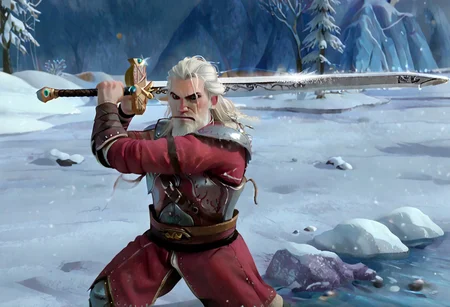 geralt as a (r0b0t_s4nta_c1aus), holding a sword, solo,
high guard sword parry stance, incoming vertical sword attack
at a frozen lake,
game screenshot,
looking at the camera,
sfw