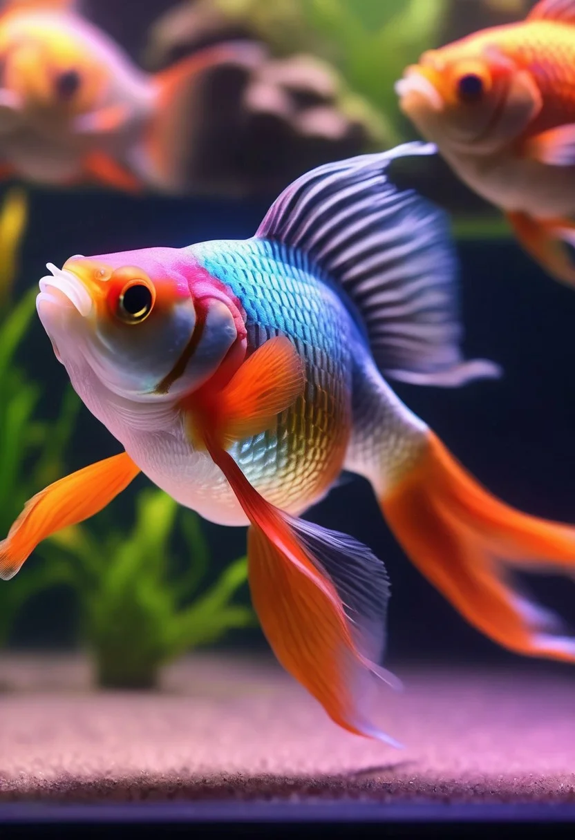 ral-chrosc-clr, photo of a goldfish in an aquarium rainbow, very detailed, 4k, uhd, masterpiece