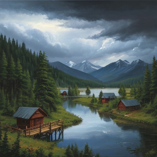 Masterpiece, high-resolution, oil painting, tall mountains, pine forest, log cabin, lake, large thunderstorm clouds in the distance