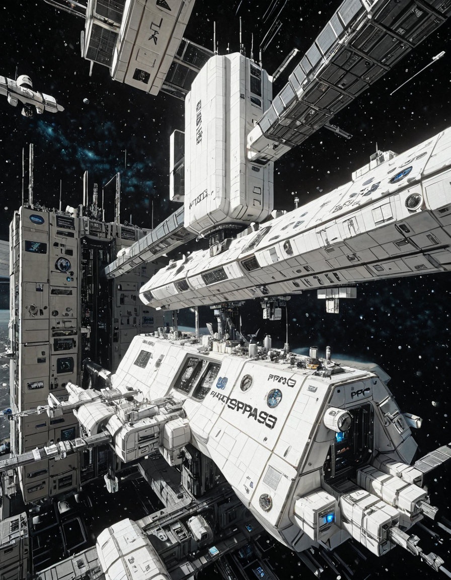 <lora:Space_Worlds_Minis_3v2:1> swminis3all, Test1, space station, kanji, white, cyberpunk city on space station, science fiction, in space